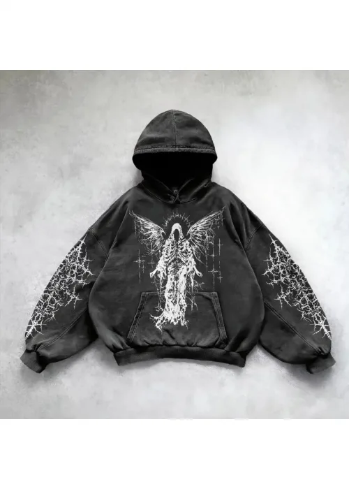 Yıkamalı Devil Winged Gothic Kapüşonlu Sweatshirt