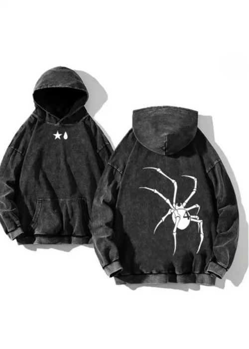 Yıkamalı Four Number Spider Kapüşonlu Sweatshirt