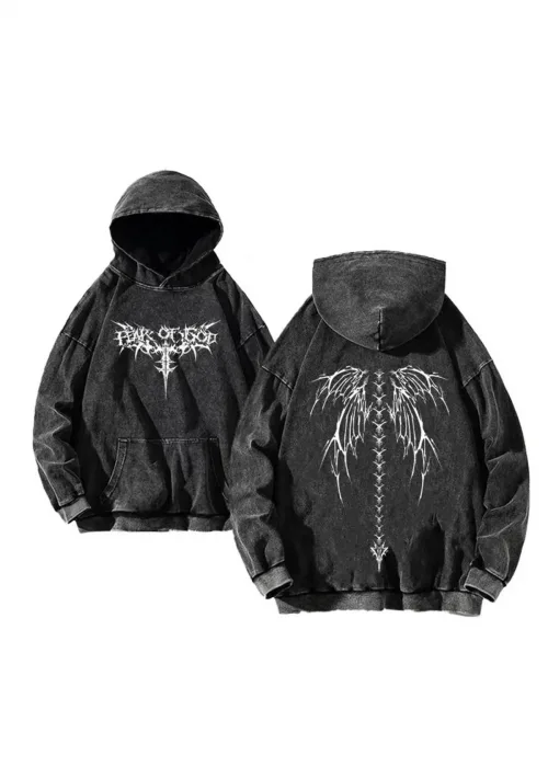 Yıkamalı Gothic Skeleton Punk Kapüşonlu Sweatshirt
