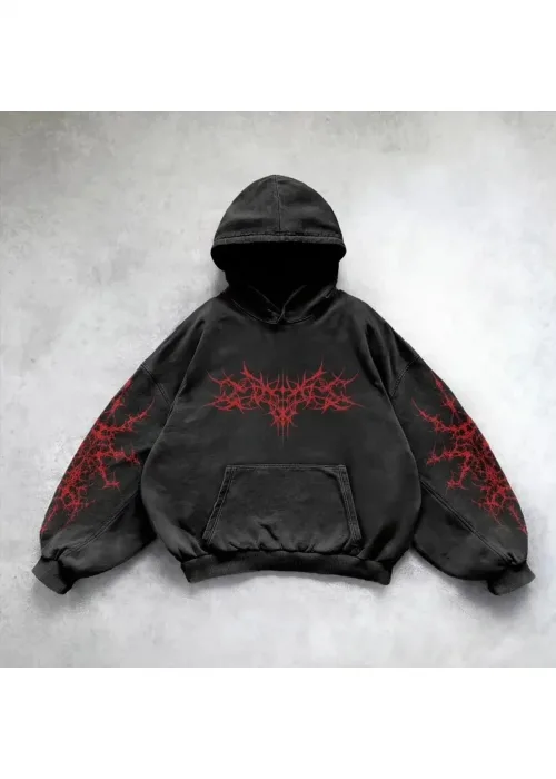 Yıkamalı Punk Gothic Kapüşonlu Sweatshirt