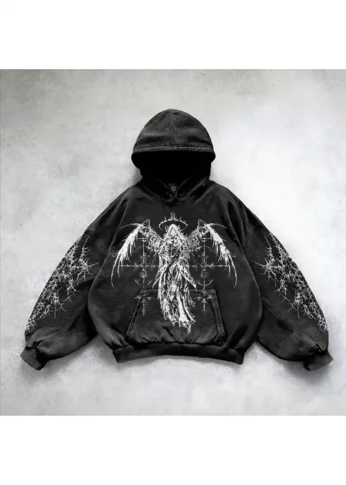 Yıkamalı Skeptical Angel Gothic Kapüşonlu Sweatshirt