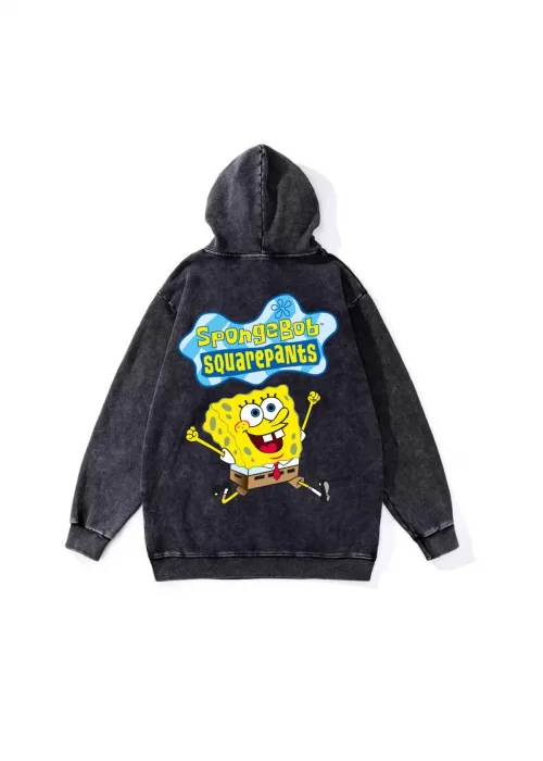Yıkamalı Sponge Bob Vintage Kapüşonlu Sweatshirt