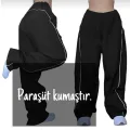 SİYAH BELİ LASTİKLİ ŞERİTLİ PARAŞÜT BAGGY PANTOLON