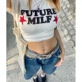 Beyaz Future Milf Siyah Yazılı Kırmızı Yıldız Detail Bluz Body Crop Top