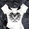 Beyaz Gothic Heart Yaka Ek Askılı Kısa Kollu Full Body Crop