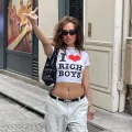 Beyaz I Love Rich Boys Siyah Yazılı Detail Bluz Body Crop Top