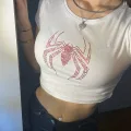 Beyaz Kırmızı Parıltılı Taşlı Örümcek Spiderman Kadın Crop Body
