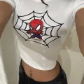 Beyaz Mini Spiderboy Baskılı Kadın Crop