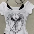 Beyaz Sword Warriror Angel Madonna Yaka Ek Askılı Kısa Kollu Full Body Crop