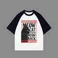 Beyaz Unisex Siyah Reglan Meow Cat T-Shirt