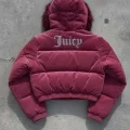 Bordo Juicy Peluş Kapüşonlu Şişme Crop Mont
