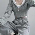Gri Melanj Korse Kesim Y2K Crop Hırka & Eşofman Takımı