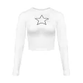 Yıldız Desenli Transparan Detaylı Uzun Kollu Beyaz Crop Top Bluz