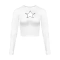 Yıldız Desenli Transparan Detaylı Uzun Kollu Beyaz Crop Top Bluz