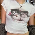 KEDİ baskılı Cute Kitten Ribbed Baskılı Beyaz Crop