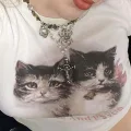 KEDİ baskılı Cute Kitten Ribbed Baskılı Beyaz Crop