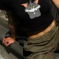 Kedi Tom Baskılı Desenli Kısa Kollu Siyah Crop Body