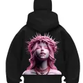 Kraliçe Pembe Baskılı Siyah Samuray Kar Maske Sweatshirt Hırka