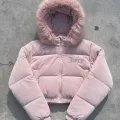 Pembe Juicy Peluş Kapüşonlu Şişme Crop Mont