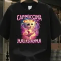 Siyah Cappuccino Ballerina Baskılı Yıkamalı Vintage Unisex Oversize T-Shirt