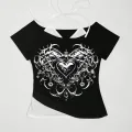 Siyah Gothic Love Yaka Ek Askılı Kısa Kollu Full Body Crop