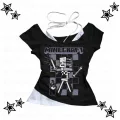 Siyah Gothic MıneCraft Yaka Ek Askılı Kısa Kollu Full Body Crop