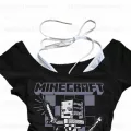 Siyah Gothic MıneCraft Yaka Ek Askılı Kısa Kollu Full Body Crop