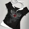 Siyah Gothic Red Love Yaka Ek Askılı Kısa Kollu Full Body Crop
