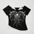 Siyah Gothic Skeleton Yaka Ek Askılı Kısa Kollu Full Body Crop