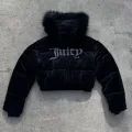 Siyah Juicy Peluş Kapüşonlu Şişme Crop Mont
