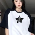 Star Baskılı Siyah Beyaz Reglan Kollu T-Shirt