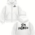 Unisex Oversize Beyaz IM Broken Baskılı Maskeli Hoodie