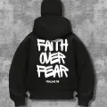 Unisex Oversize Siyah Fait Over Fear Baskılı Maskeli Hoodie