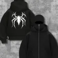 Unisex Oversize Siyah Spider Baskılı Maskeli Hoodie
