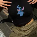 Y2K Sokak Stili Oturan Stitch Model Baskılı Kısa Kollu Siyah Crop Body