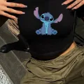 Y2K Sokak Stili Oturan Stitch Model Baskılı Kısa Kollu Siyah Crop Body