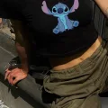 Y2K Sokak Stili Oturan Stitch Model Baskılı Kısa Kollu Siyah Crop Body