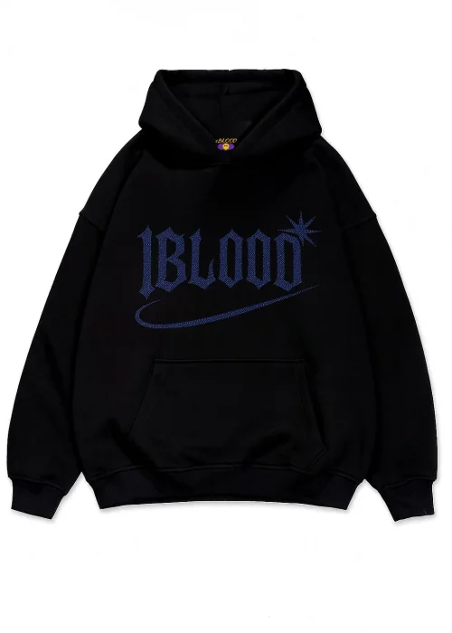 1Blood Mavi Taş Baskılı Oversize Unisex Kapüşonlu Sweatshirt