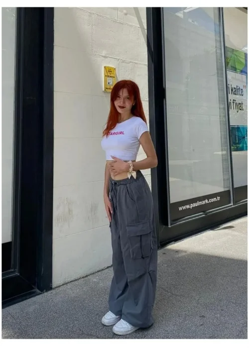 GRİ AŞIRI BOL KALIP Y2K KARGO CEP LASTİKLİ UNİSEX BAGGY