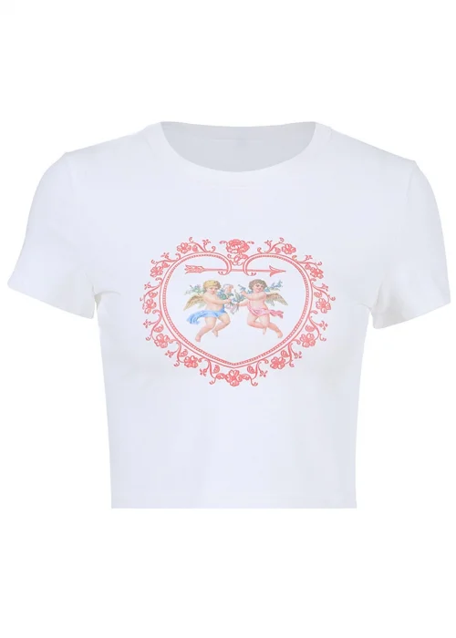 Vintage Beyaz Ikili Melek Kalp Crop