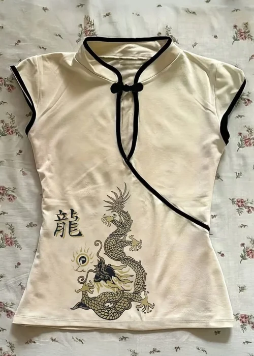 Ekru Mandarin Yaka Ejderha Motifli Vintage Kısa Kollu Crop