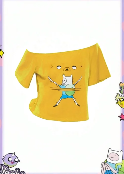 Sarı Adventure Time Finn and Jack Y2K Kısa Crop