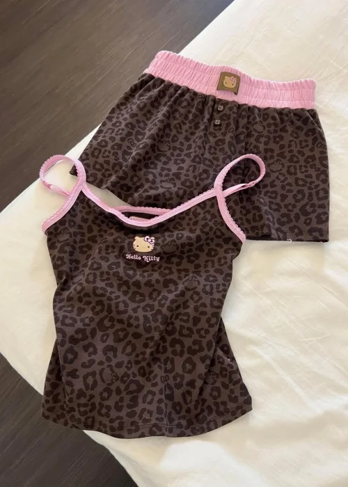 Leopar Kiss Kahverengi Hello Kitty Alt Üst Takım