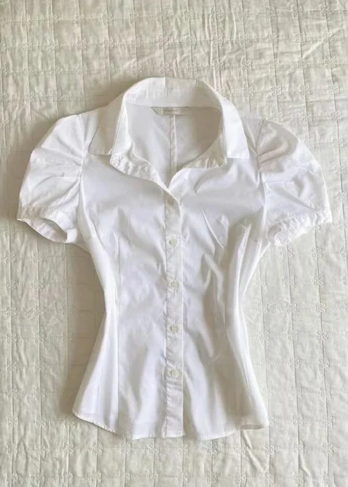 Beyaz Vintage Mini Puff Sleeve Goth Y2K Kısa Kollu Gömlek