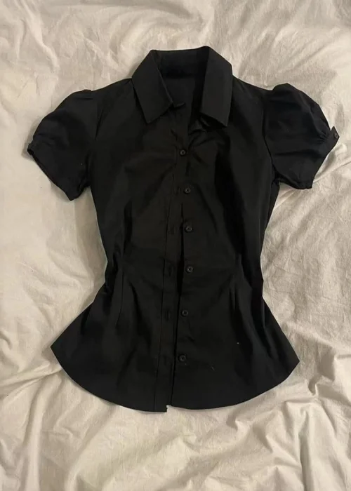 Siyah Vintage Mini Puff Sleeve Goth Y2K Kısa Kollu Gömlek