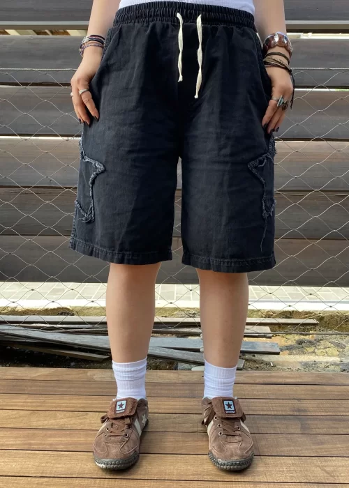 Antrasit Yıldız Detay Lazer Kesim Baggy Şort