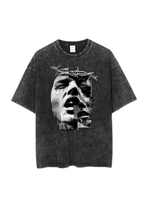 FACE Baskılı Yıkamalı Eskitme Unisex Tişört