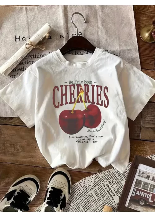 Beyaz Cherrıes Baskılı Oversize T-Shirt