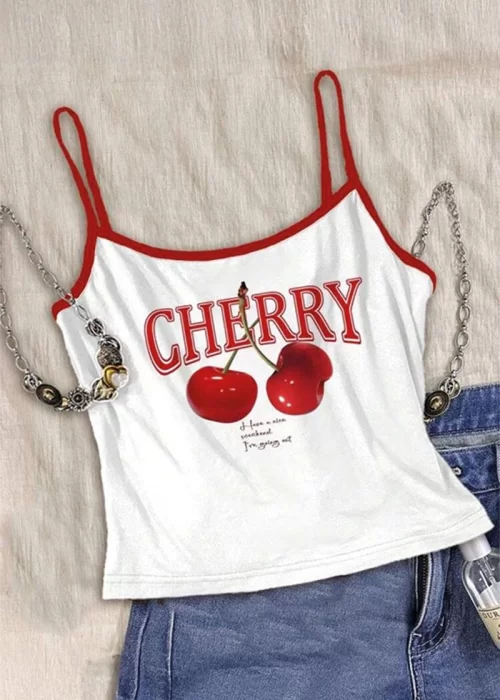 Beyaz Cherry Bomb Y2K Kırmızı Askılı Crop
