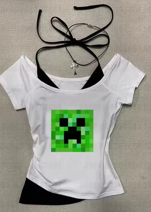 Beyaz Gothic Creeper Yaka Ek Askılı Kısa Kollu Full Body Crop